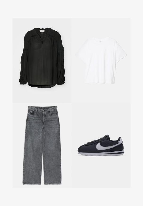 MUNTHE OBSERVATION - Blouse - black; White cotton t-shirt with short sleeves, round neckline, relaxed fit, and stitched hem. Label visible on the inside neck.; Wide-leg jeans in dark gray denim. Features a high waist, five-pocket design, and front button closure. Smooth texture with subtle fading.; Black athletic shoe with gray accents, smooth synthetic upper, textured sole, rounded toe, and flat laces. Classic design with logo detail.