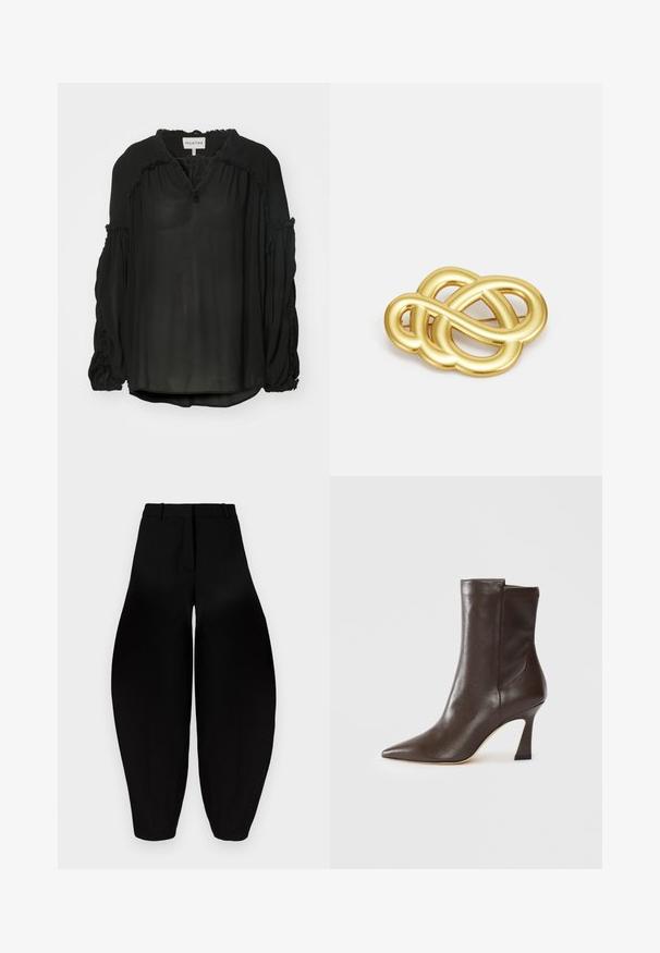 MUNTHE OBSERVATION - Bluse - black; Schwarze weit geschnittene Hose mit hoher Taille, gefaltetem Vorderteil und schmal zulaufenden Knöcheln. Hergestellt aus glattem Stoff mit matter Oberfläche.; Dunkelbraune Lederstiefel bis zur Wade mit spitzem Zehenbereich, geschwungenem, schmalem Absatz und glatter Oberfläche auf weißem Hintergrund.; Goldfarbener Brosche mit einem geknoteten Design, sanften, geschwungenen Linien und einer filigranen Form, die eine polierte Oberfläche widerspiegelt.