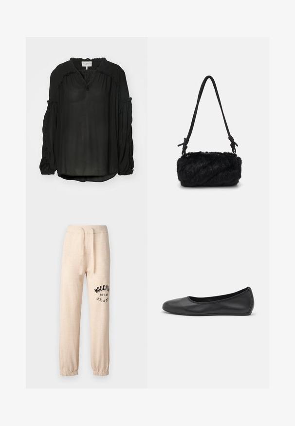 MUNTHE OBSERVATION - Bluse - black; Beige Sweatpants mit lockerem Schnitt aus weichem Stoff, ausgestattet mit einem elastischen Bund mit Kordelzug und einem schwarzen Logo/Design am linken Bein.; Schwarze Leder-Ballettschuhe mit abgerundeter Spitze, glatter Textur, minimalen Nähdetails und einem flexiblen Sohlen-Design.; Schwarze Kunstfell-Handtasche mit einem strukturierten, flauschigen Körper. Sie verfügt über einen eleganten schwarzen Tragegurt mit geknoteten Akzenten. Kompakte, zylindrische Form.