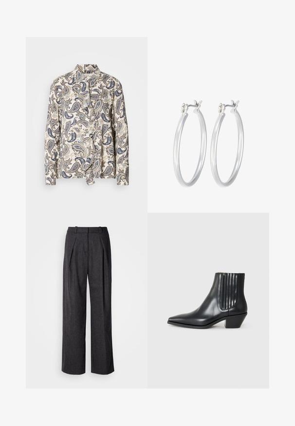 Blusa con estampado de diseño paisley en navy, beige y azul claro, hecha de tejido ligero con un cierre de botones oculto y cuello.; Pantalones de pierna ancha gris oscuro con una tela texturizada, que presentan pliegues frontales y un diseño de cinturilla clásico. Sin bolsillos visibles.; Bota de cuero negra de tobillo con punta afilada, paneles laterales elásticos con ranuras verticales y un tacón bajo y cuadrado. Textura suave y diseño elegante.; Pendientes de aro de plata con un acabado liso y pulido. Forma redonda y cierre de click seguro. Diseño ligero adecuado para el uso diario.
