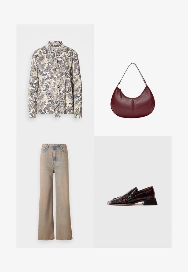 Gemusterte Bluse mit Paisley-Design in Marineblau, Beige und Hellblau, aus leichter Stoffqualität, mit verstecktem Knopfverschluss und Kragen.; Helle, weit geschnittene Jeans mit hoher Taille, aus Denim gefertigt. Verfügt über dezente Nähte und fünf Taschen, mit einer leicht verblassten Textur.; Dunkelburgunderfarbene Lackleder-Loafer mit strukturiertem Finish, niedrigem Blockabsatz und klassischem Penny-Riemen-Dekor, seitlich dargestellt.; Weinrote Lederhandtasche mit einer geschwungenen Form. Verfügt über einen einzelnen Schulterriemen und einen oberen Reißverschluss, der eine glatte, strukturierte Oberfläche präsentiert.