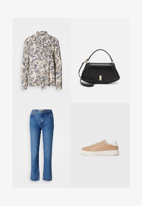 Blusa a fantasia con motivo paisley in navy, beige e azzurro chiaro, realizzata in tessuto leggero con chiusura a bottoni nascosta e colletto.; Jeans in denim blu con taglio dritto, dotati di un classico design a cinque tasche, cuciture arancioni e chiusura con bottone.; Sneaker in pelle beige con dettagli bianchi, punta rotonda, suola piatta e cuciture a contrasto. Chiusura con lacci con sei fori.; Borsa a mano in pelle nera con un design strutturato, caratterizzata da una forma corta, manico superiore e accessori in metallo dorato. Inclusa tracolla regolabile.
