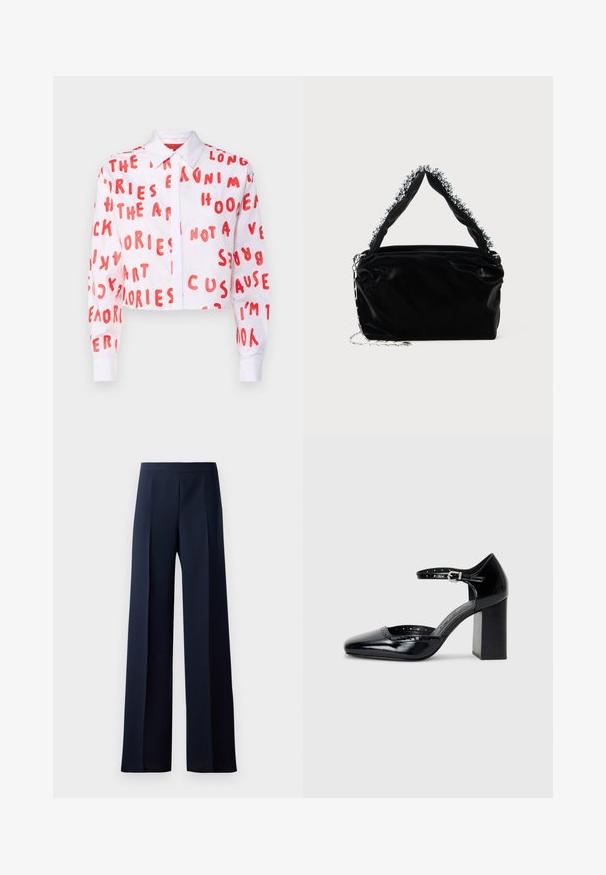 MAX&Co. ALLOVER TEXT - Overhemdblouse - weiss; Wijde broek met een donkerblauwe stof, met een gladde textuur, subtiele voorplooien en een aansluitende tailleband voor een gestroomlijnde silhouette.; Zwarte lakleren hoge hakken met een vierkante neus, enkelbandje en een chunky hak. Inclusief geperforeerde details langs de rand.; Zwarte nep leren handtas met een gestructureerde afwerking, voorzien van een bewerkte zilveren accent langs de bovenste handgreep en een schouderband van kettingen.