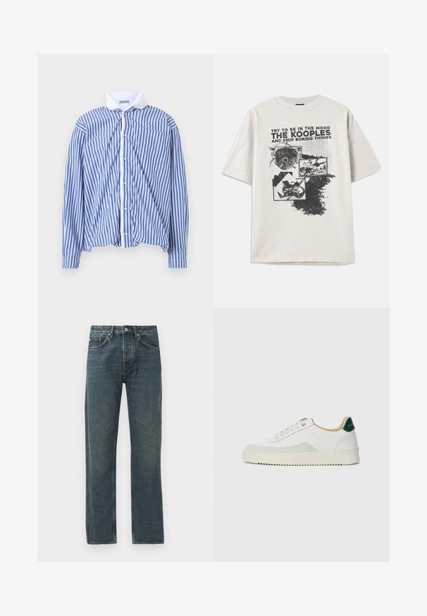 Zilā un baltā svītraina garām piedurknēm krekls ar pogājamu apkakli un priekšējo kabatu, izgatavots no viegla auduma. Pogas priekšā.; Krekliņš ar īsām piedurknēm krēmkrāsā, ar lielu melnu grafisku attēlu un tekstu, apaļu kaklu un brīvu piegriezumu. Rupjš maliņas dizains.; Tumši zili džinsi ar taisnas kājas dizainu, kas aprīkoti ar piecām kabatām, pogu aizdari un kontrastējošiem dūrieniem.; Baltas sneakers ar zamša akcentiem, noapaļota purngala, plakaniem auklām un krēmkrāsas gumijas zoli. Ar zaļu zīmolu uz papēža.