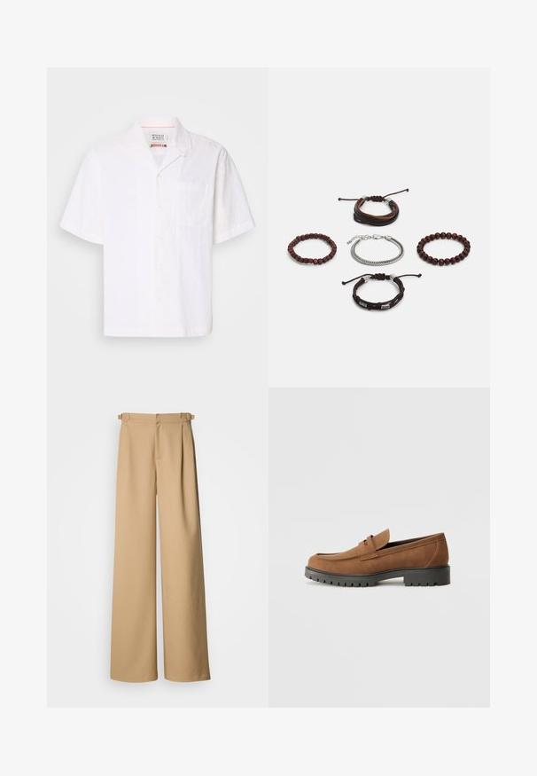 Camisa de manga corta, blanca, hecha de una tela ligera. Presenta un patrón sutil, cierre de botones en la parte delantera y un único bolsillo en el pecho.; Pantalones beige de pierna ancha con cintura alta, frente plisado y pasadores para cinturón. Hechos de una tela suave con un diseño limpio y minimalista.; Mocasines de ante marrón con punta redondeada y una suela de goma negra baja, que presentan una correa decorativa y detalles de costura en la parte superior.; Conjunto de cinco pulseras que presentan cuero marrón, cuentas de madera y una cadena de plata; texturas y formas variadas, con cierres ajustables.