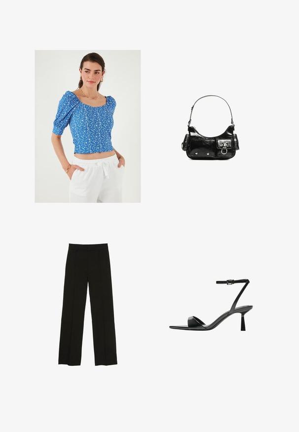 Modrá kvetinová brala s puff rukávmi a štvorcovým výstrihom, ktorý má malý biely kvetinový vzor a textúrovanú tkaninu. V kombinácii s bielymi nohavicami.; Čierne široké nohavice vyrobené z hladkej tkaniny, so priliehavým pásom a jemnými prednými záhybmi pre zvýšenie textúry.; Bershka Sandále na vysokom opätku - black; Čierna laková kožená kabelka s ohnutým tvarom, jedným ramenným popruhom, prednými vreckami a striebornými kovovými doplnkami.