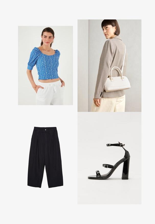 Modra cvetna kratka majica s napihnjenimi rokavi in kvadratnim izrezom, ki ima majhen bel cvetlični vzorec in teksturirano blago. Ujemajoče bele hlače.; Črne poliesterske culotte hlače z elastičnim pasom, dvema sprednjima nabiranjema in ohlapnim krojem. Brez vidnih vzorcev ali kovinskih detajlov.; Črne lakirane sandale s peto, kvadratnim prstom, trakovi okrog gležnja in srebrnimi zaponkami. Opremljene so s stabilno Debelo peto.; Bela strukturirana torba z kratkimi ročaji in naramnim trakom, z zlatimi okrasnimi elementi in teksturiranim materialom, prikazana na sivi podlagi.