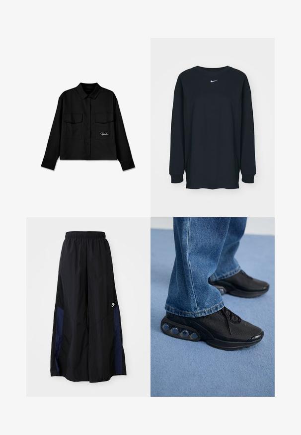 Musthave musta lühike särk teravate kraedega, kahe rinnataskuga, nööpidega esiosal ja vasakul küljel tikandiga logo. Silmapaistev kanga tekstuur.; Must have pikkade varrukatega must T-särk, mis on valmistatud puuvillast ja millel on ümar kaelus. Rinnal on valge Nike logo. Pehme tekstuur, lihtne disain.; Mustad laiad mustad püksid kergest kangast, millel on tumesinine külgpaneel ja elastne vöökoht. Väike valge logo allservas.; Mustad mustandid jooksujalatsid, millel on võrkmaterjalist ülemine osa, tekstuuriga detailid ja nähtavad õhkpadjad tallas. Kandmine siniste teksadega.