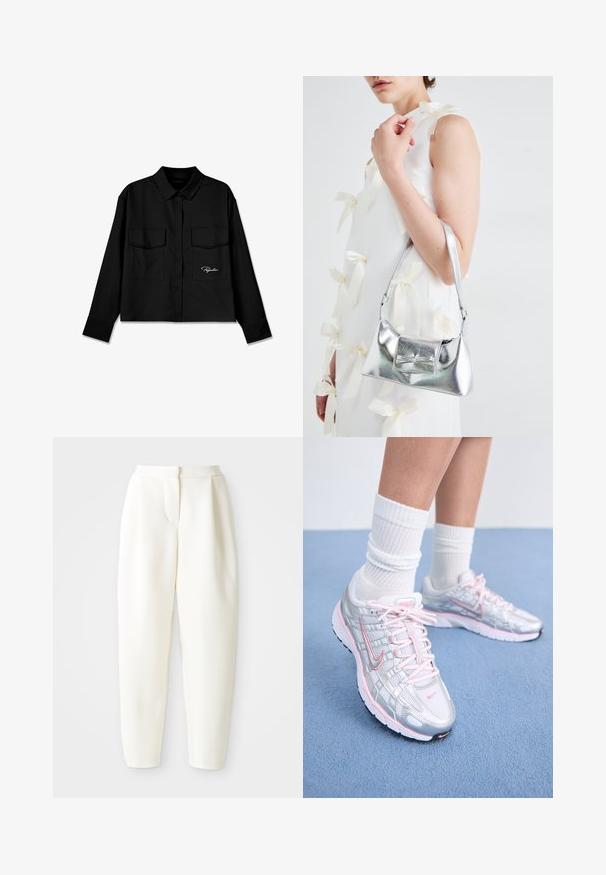Black cropped shirt with a pointed collar, double chest pockets, button front, and embroidered logo on the left side. Smooth fabric texture.; High-waist tapered white pants with a concealed front closure and side pockets, displayed against a plain white background.; Nike running shoes featuring a silver mesh upper with pink accents, white laces, and a textured sole. Worn with white cotton athletic socks.; Silver metallic handbag with a structured shape, featuring a top handle and bow detail on the front. Smooth texture, reflective finish.