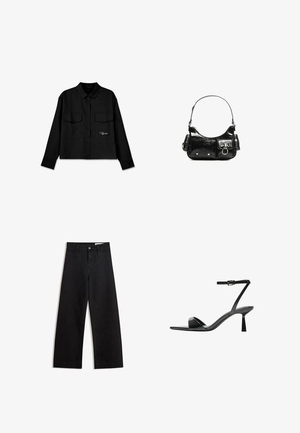 Fekete cropped felső hegyes gallérral, dupla mellzsebbel, gombos elejével és hímezett logóval a bal oldalon. Simább anyagtextúra.; Fekete, bő szabású farmernadrág magas derékkal, elülső és hátsó zsebekkel, varrott felületekkel és gombos záródással. Sima textúra.; Bershka Magas sarkú szandálok - black; Fekete lakkbőr kézitáska ívelt formával, egy vállpánttal, elülső zsebekkel és ezüstszínű fémrészletekkel.