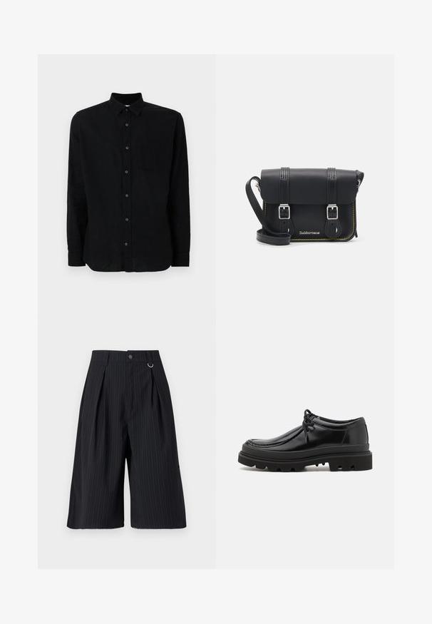 Musta pitkähihainen paita, joka on valmistettu teksturoidusta kankaasta. Tässä paidassa on napitettu etuosa, yksittäinen rintatasku ja klassinen kaulus.; Mustat pinstripe-shortsit, joissa on plektit, nappikiinnitys ja metallirenkaalla varustettu yksityiskohta. Sujuva kangas, jossa on muotoiltu istuvuus ja polven pituisen muotoilu.; Mustat nahkakengät Derby-tyyliin, jossa on tyylikäs muotoilu, pyöreä kärki ja teksturoitu kumipohja, jossa on syviä uria pidon parantamiseksi.; Musta nahkainen crossbody-laukku, jossa on kansi, kaksi hopeista solkea, keltaista ylösketjua ja säädettävä hihna. Tunnusmerkkeinä ovat sileä pinta ja kompakti muotoilu.