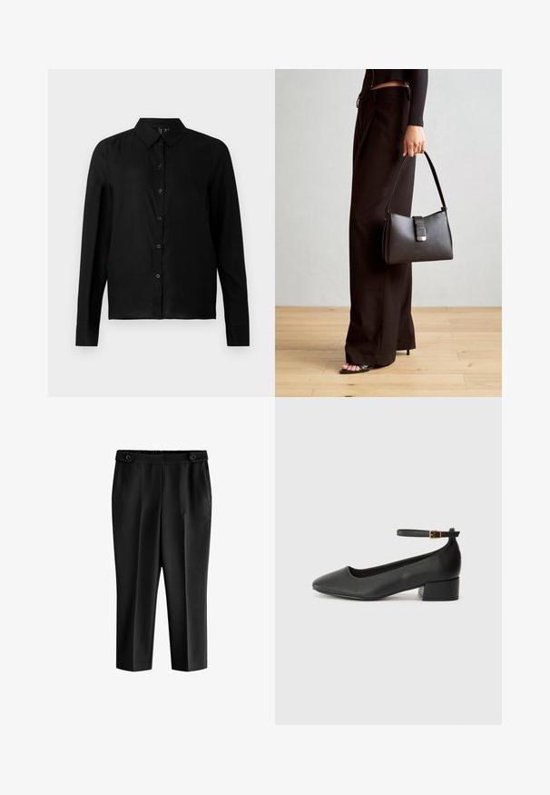 Chemise noire à manches longues avec boutons, fabriquée en tissu lisse. Dotée d'un col classique et d'une coupe droite avec une fermeture à boutons sur le devant.; Pantalons noirs cropped avec une coupe décontractée, taille élastique et deux poches avant. Le tissu a une texture lisse avec une finition légèrement brillante.; Escarpin en cuir noir avec un bout pointu et un petit talon bloc. Doté d'une bride de cheville avec une boucle dorée. Texture lisse.; Sac à main noir à la forme structurée, texture lisse et fermoir métallique. Associé à un pantalon noir ample et des sandales ouvertes sur un sol en bois.
