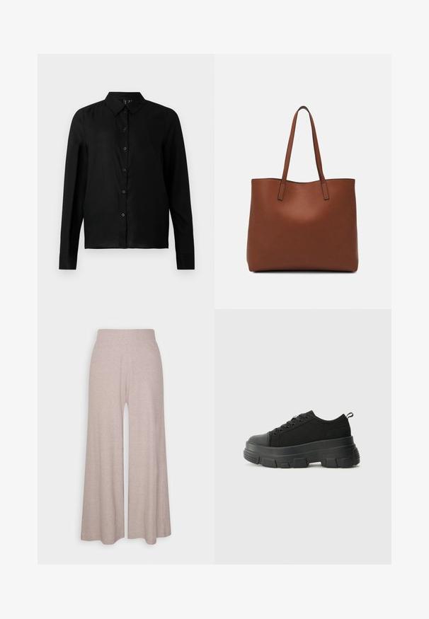 Musthave muströngsärk, millel on pikad varrukad ja millel on sile kangas. Omab klassikalist kraed ja sirget lõiget koos nööpide kinnitusega ees.; Heledad hallharged püksid, mis on valmistatud pehmest, soonilisest kangast, kõrge vöökoht ja täispikkade jalgadega, millel on õrn tekstuur.; Mustad mustad mustikad, millel on tugev kummist põhi, tekstuuriga kangast pealis, ümar varvas ja seotud disain. Omab tugevdatud silmuseid ja tagumist tõmbeotsta.; Pruun nahast tote-kott, millel on sile tekstuur, avatud ülaosa disain ja kaks õlarihma. Omab minimaalset õmblust ja nähtavat riistvara ei ole.