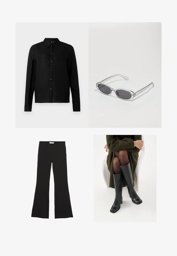 Črna srajca z dolgimi rokavi in gumbom, izdelana iz gladkega materiala. Ima klasičen ovratnik in raven kroj z gumbom na sprednji strani.; Črne razširjene hlače iz mehkega materiala, ki imajo široke noge in elastičen pas za udobje. Brez vidnih vzorcev ali dodatkov.; Črne usnjene čevlje do kolen s kvadratnim prstom in blok peto, prikazani na modelu, ki sedi v olivno zeleni plašču. Gladka tekstura, minimalne podrobnosti.; Sončna očala ovalne oblike, prozoren plastičen okvir, temno sivi leči in tanke prozorne roke z logotipnimi akcenti in minimalnimi detajli.; Črna torba za rame, izdelana iz gladkega materiala, s poševno obliko, zlatim zadrgo in zlatim embossiranim logotipom na sprednji strani.