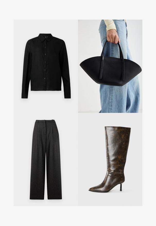 Chemise noire à manches longues avec boutons, fabriquée en tissu lisse. Dotée d'un col classique et d'une coupe droite avec une fermeture à boutons sur le devant.; Pantalons larges en motif tartan gris foncé, avec une taille haute, des plis et une coupe structurée. Fabriqués en tissu texturé.; Botte en cuir marron vieilli, hauteur genou, avec bout pointu et talon aiguille mince sur fond blanc.; Sac à main en cuir noir avec une forme de éventail unique, doté de poignées plates. La surface présente une texture granuleuse et un design minimaliste.