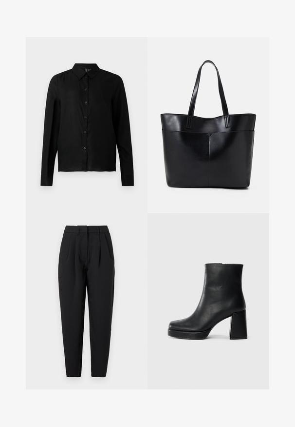Schwarzes Langarm-Hemd mit Knopfverschluss aus glattem Stoff. Verfügt über einen klassischen Kragen und einen geraden Schnitt mit Knopfverschluss an der Vorderseite.; Schwarze Hose mit geradem Schnitt, die auf der Vorderseite Falten hat, eine glatte Textur und seitliche Taschen bietet. Der Bund hat eine Standardhöhe.; Schwarze Leder-Stiefelette mit Blockabsatz und Plattformsohle, seitlich auf einem schlichten weißen Hintergrund betrachtet.; Schwarze Leder-Shopper-Tasche mit zwei langen Griffen, einer glatten Textur und einer strukturierten Form. Verfügt über eine Vordertasche für zusätzlichen Stauraum.
