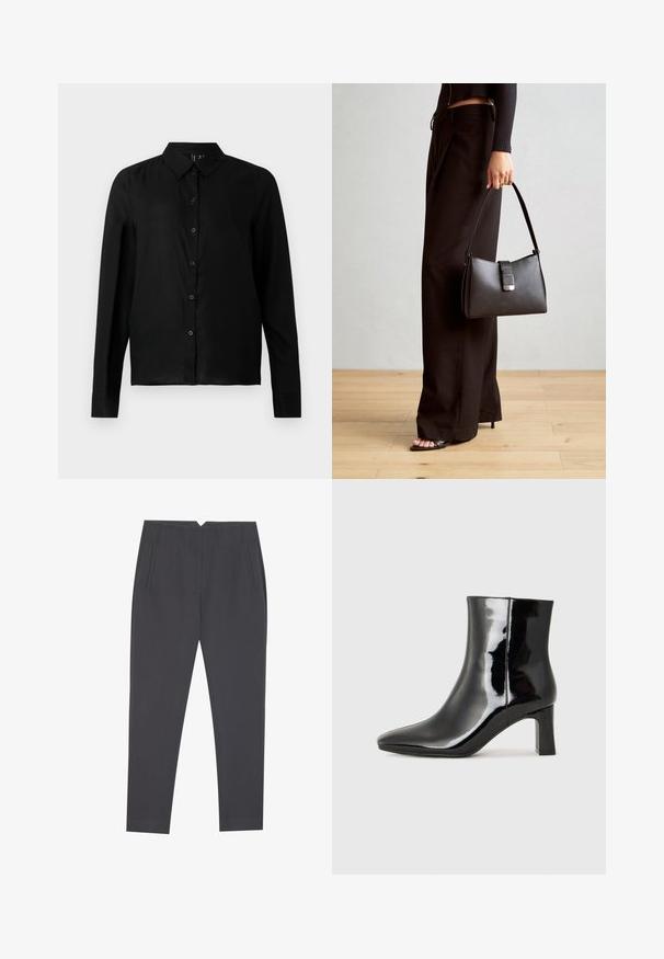 Black long-sleeve button-up shirt made of smooth fabric. Features a classic collar and a straight cut with button closure down the front.; Dark gray tapered trousers with side pockets and front pleats, designed for a tailored fit.; Black patent leather ankle boot with a pointed toe and a mid-height block heel. Smooth texture and minimalist design.; Black handbag with structured shape, smooth texture, and a metallic clasp. Paired with wide black pants and open-toe sandals on wooden floor.