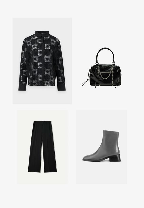 Black lace shirt featuring a grid pattern, button front, and black collar. The fabric is sheer with a detailed lace texture. Long sleeves.; Bershka WIDE - Trousers - black; Gray leather ankle boot with a rounded toe and a short, stacked black heel. Smooth texture with minimal detailing.; Bershka WITH CHAIN - Handbag - black