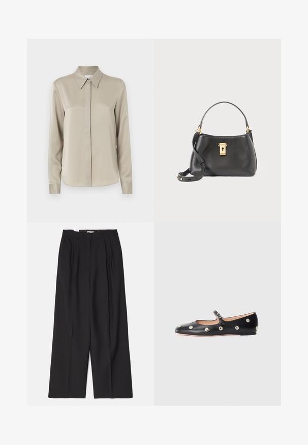 Beżowa koszula z długim rękawem z klasycznym kołnierzykiem, gładka w dotyku, z zapinaniem na guziki z przodu i delikatnym połyskiem. Dopasowany krój z zaokrąglonym dołem.; Bally - Spodnie materiałowe; Czarne skórzane buty typu Mary Jane na płaskim obcasie z zaokrąglonym czubkiem, ozdobione srebrnymi okrągłymi ćwiekami oraz regulowanym paskiem z klamrą.; Czarna skórzana torebka o teksturowanym wykończeniu, z zamknięciem na złoty zamek, krótkim uchwytem i odczepianym paskiem na ramię.
