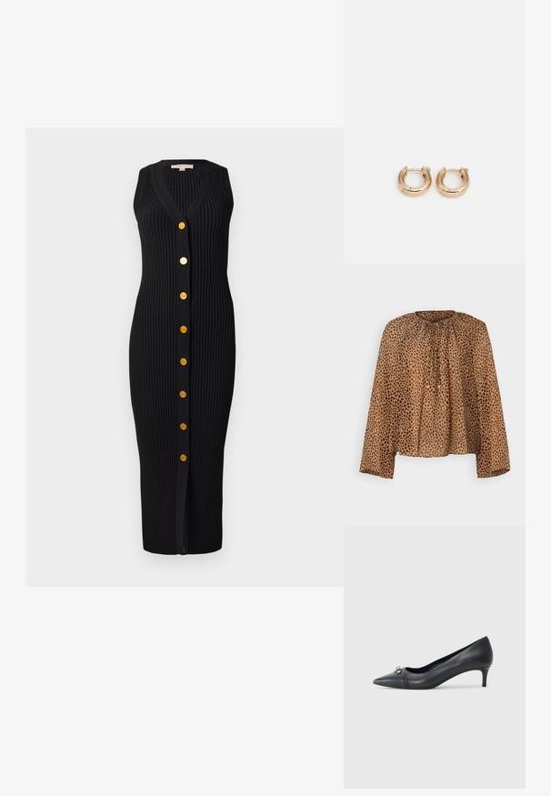Blouse à imprimé animalier marron avec un col froncé, des manches longues et une coupe ample. Tissu léger avec une texture lisse.; Robe en tricot côtelé noir avec un décolleté en V, sans manches et boutons dorés sur le devant, présentant une silhouette ajustée.; Escarpin noir en cuir à bout pointu avec un petit talon, doté d'une sangle texturée et d'un accent métallique à l'avant. Surface lisse et design épuré.; Pochette en cuir noir avec un accent en chaîne dorée, texture lisse et détails en logo doré. Inclut une bandoulière ajustable pour plus de polyvalence.; Boucles d'oreilles en or avec une finition polie, présentant un design circulaire épais et un mécanisme de fermeture sécurisé. Texture lisse et apparence brillante.