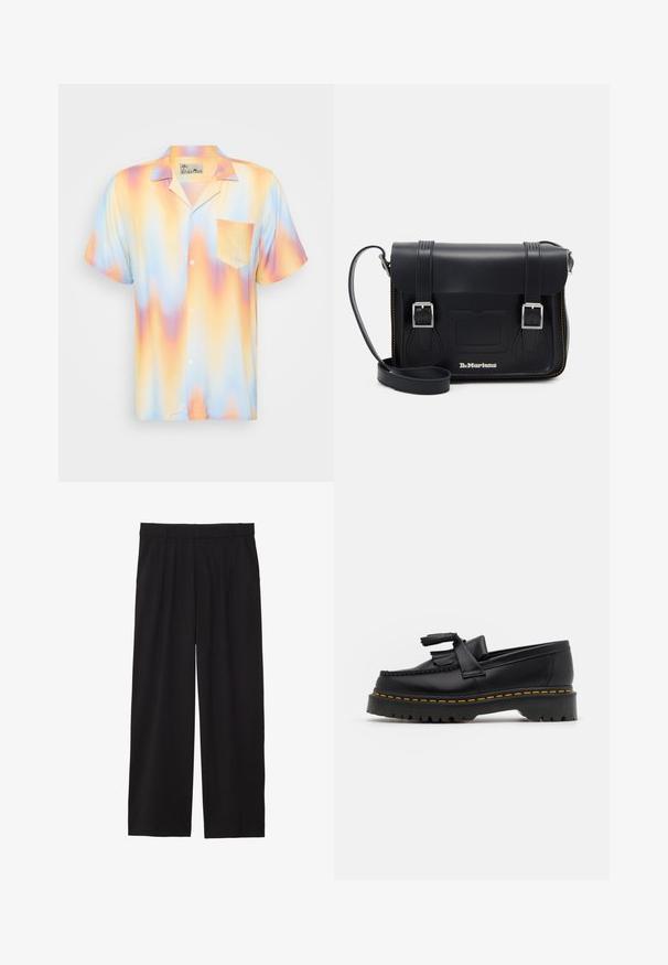 Rövid ujjú gombos ing pasztell színű, rózsaszín, sárga és kék árnyalatú átmeneti mintával; mellzsebbe és gallérja is van.; Fekete, bőszárú nadrág, pliszírozott elülső résszel, oldalsó zsebekkel és sima szövettextúrával. Lazább, kényelmes szabású.; Fekete bőr mokaszin, rojtos díszítéssel, masszív fekete talppal és sárga varrással az élén. Texturált felület.; Fekete bőr üzenetküldő táska ezüst csatokkal, sárga varrással, állítható pánttal és elülső zsebbel. A márka logója a táska elején található.