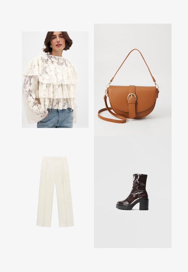 Biely čipkovaný top s tromi vrstvami riasenia, dlhými rukávmi a vysokým golierom. V kombinácii so svetlomodrými denimovými nohavicami.; Široké nohavice vo svetlej krémovej farbe. Vyrobené z hladkej látky s skladmi vpredu a bočnými vreckami.; Lesklé burgundské kotníkové boty s robustním černým podpatkem, s hladkou strukturou a jednoduchým designem. Bez viditelných zapínání nebo vzorů.; Hnedá kožená kabelka cez telo s zakriveným tvarom, zlatými kovovými doplnkami a akcentom s prackou. Obsahuje odnímateľný ramenný popruh.