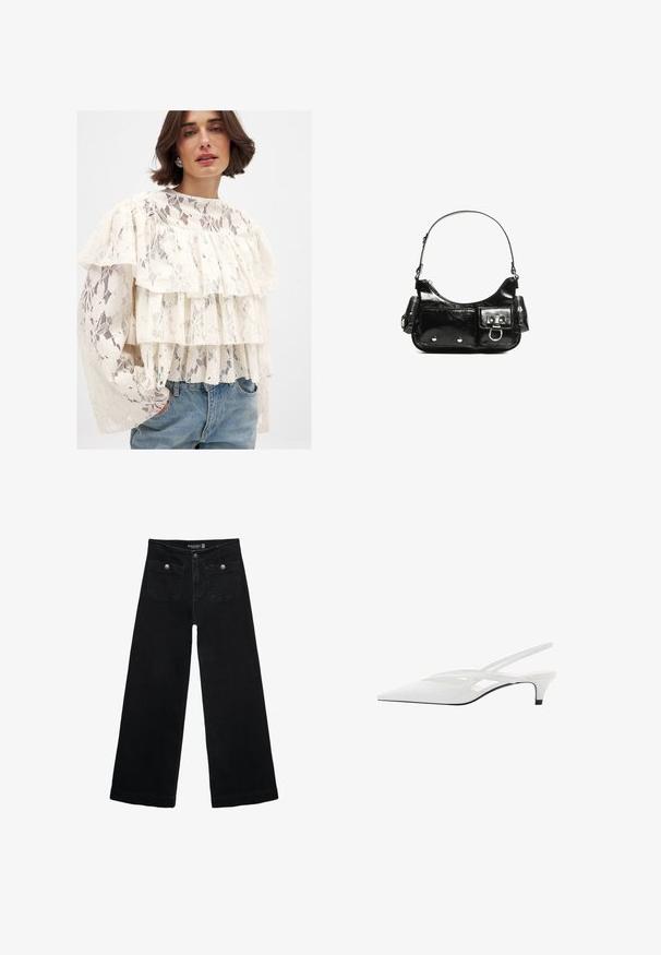 Weiße Spitzenbluse mit drei Lagen Rüschen, langen Ärmeln und hohem Ausschnitt. Kombiniert mit hellblauen Jeans.; Schwarze, weit geschnittene Jeans mit hoher Taille, die zwei Fronttaschen und metallene Knopfakzente aufweist. Der Stoff hat eine glatte Textur.; Weißer Slingback-Absatzschuh mit spitzer Zehenpartie, featuring ein glattes Obermaterial, subtile Ausschnitte und einen niedrigen Blockabsatz. Die schwarze Sohle betont das Design.; Schwarze Lackleder-Handtasche mit geschwungenem Design, einem Schulterriemen, Vordertaschen und silberfarbenen Hardware-Akzenten.