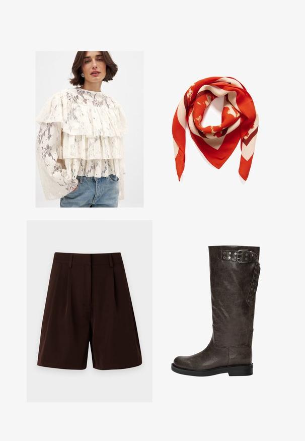Vit spetsblus med tre lager volanger, långa ärmar och hög halsringning. Matchas med ljusblå denimjeans.; Bruna shorts med skräddarsydd design och veck, tillverkade av ett mjukt tyg. Avslutade med midjeband och utan synliga fickor.; Bruna läderstövlar i knähöjd med en texturerad yta, som har en spänne och tryckknappsdetaljer på sidan, samt en platt gummisula.; Silk scarf i nyanser av röd och kräm. Har ett djärvt geometriskt mönster med diagonala ränder och abstrakta former, som visar en mjuk textur.; Mjuk brun hobo-väskastil med ett brett axelband och en rundad öppning upptill, visad på en vit bakgrund.