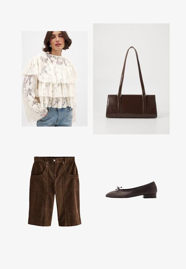 Blusa blanca de encaje con tres volantes en capas, mangas largas y un cuello alto. Combinada con unos vaqueros de mezclilla azul claro.; Pantalones cortos de pana marrón con un patrón de rayas verticales texturizadas, dos bolsillos frontales y un cierre de botón en la cinturilla.; Bailarinas de cuero marrón con puntera redondeada y pequeño tacón bloque. Presentan un lazo delgado en la parte delantera y detalles de costura sutiles.; Bolso de mano de piel sintética marrón con forma rectangular, dos asas largas y sutiles acentos curvados en la parte delantera.