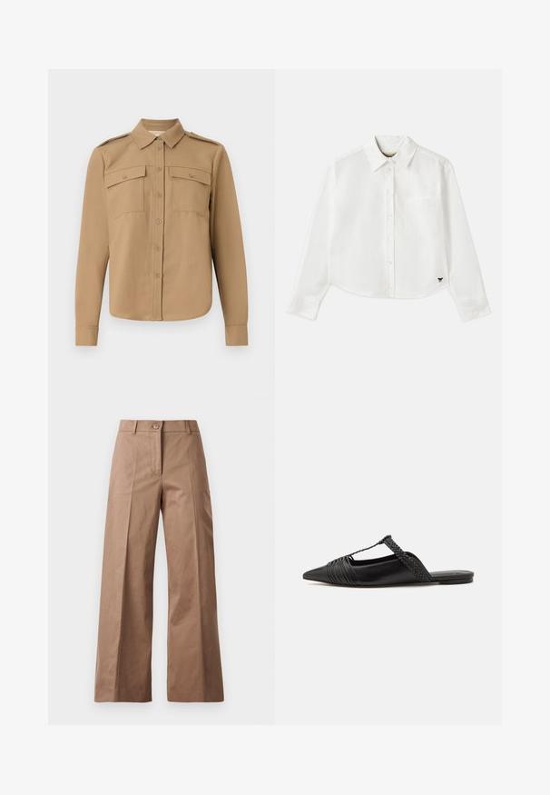 Langarmshirt van tan stof met een knoopsluiting aan de voorkant, twee borstzakken, schouderepauletten en een gebogen zoom.; Witte, cropped, langemouwen shirt van katoen. Heeft een knoopsluiting aan de voorkant, een borstzak en een klein zwart logo op de linksonder.; Bruine wijde broek gemaakt van een gladde stof, met een voorknoopsluiting, twee zijzakken en strakke, op maat gemaakte lijnen.; Zwarte leren slingback schoen met een puntige neus, voorzien van een gevlochten accent en geplooid ontwerp aan de bovenkant. Platte zool met minimale hardware.