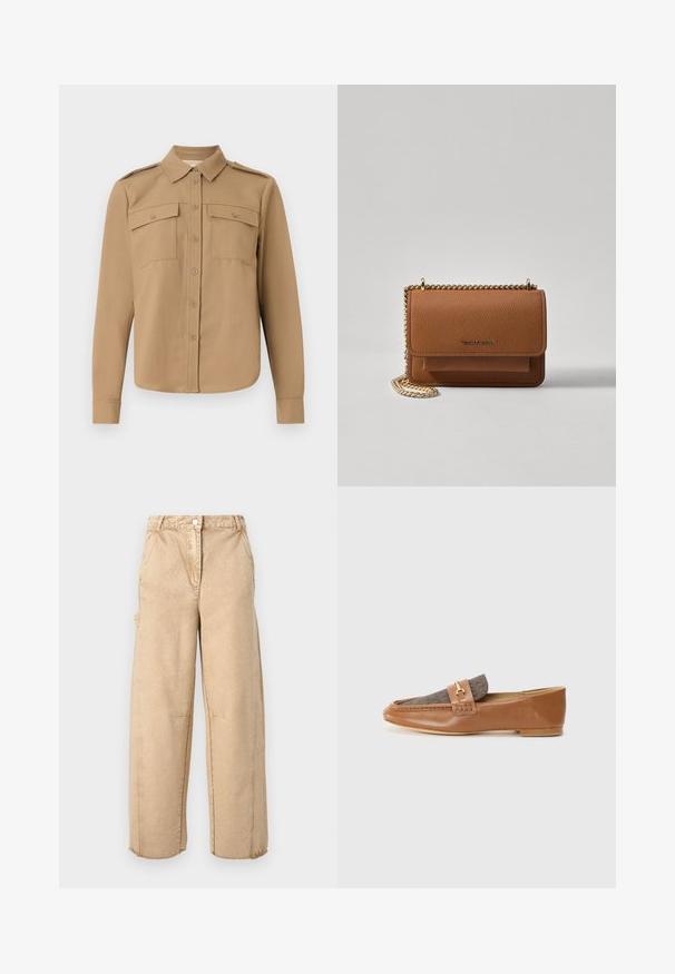 Long-sleeved shirt in tan fabric with a button-down front, two chest pockets, shoulder epaulettes, and a curved hem.; Beige wide-leg pants with a button closure, two side pockets, slight distressing, and frayed hems. Made from a soft, textured fabric.; Brown leather loafers with a textured brown fabric panel and gold hardware accent. Narrow profile and stitched detailing on the sides.; Brown textured leather crossbody bag with gold chain strap and flap closure. Front features logo detail and a pocket under the flap.