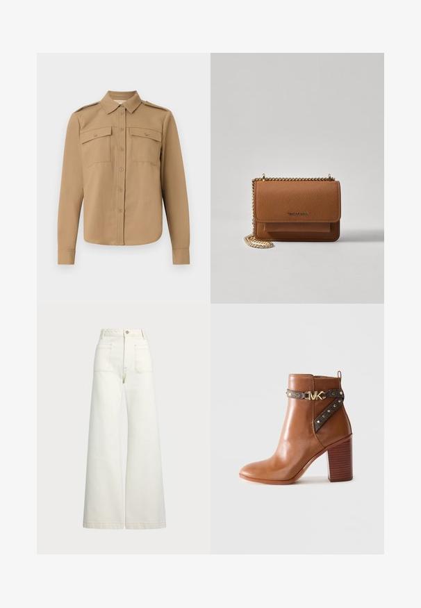 Langærmet skjorte i tan stof med knaplukning foran, to brystlommer, skulderklap og buet kant.; Pæne brede jeans i off-white denim. Høj talje med knaplukning, to forlommer og detaljer med kontrastsyning.; Brun læder ankelstøvle med stablet blokheel, sidebånd med guldnitter og en guld "MK" logo spænde.; Brun tekstureret læder crossover-taske med guldkæde-rem og klaplukning. Forsiden har logo-detalje og en lomme under klappen.