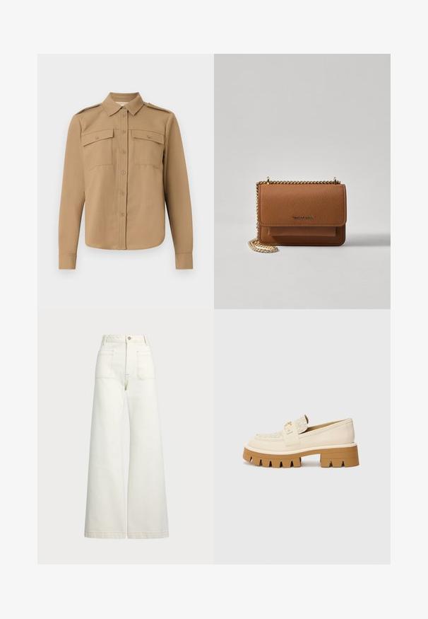 Cămașă cu mâneci lungi dintr-un material bej, cu închidere prin nasturi în față, două buzunare pe piept, epauleți la umeri și un tiv curbat.; Jeans cu picioare late din denim alb-crem. Design cu talie înaltă, cu închidere prin nasture, două buzunare frontale și detalii cu cusături contrastante.; Mocasini bej cu o curea texturată crem, având o talpă groasă maro cu modele asemănătoare dinților. Accente de aur pe detaliul cataramei.; Geantă crossbody din piele texturată maro, cu curea din lanț aurit și închidere cu clapetă. Partea din față prezintă detalii cu logo și o buzunar sub clapetă.