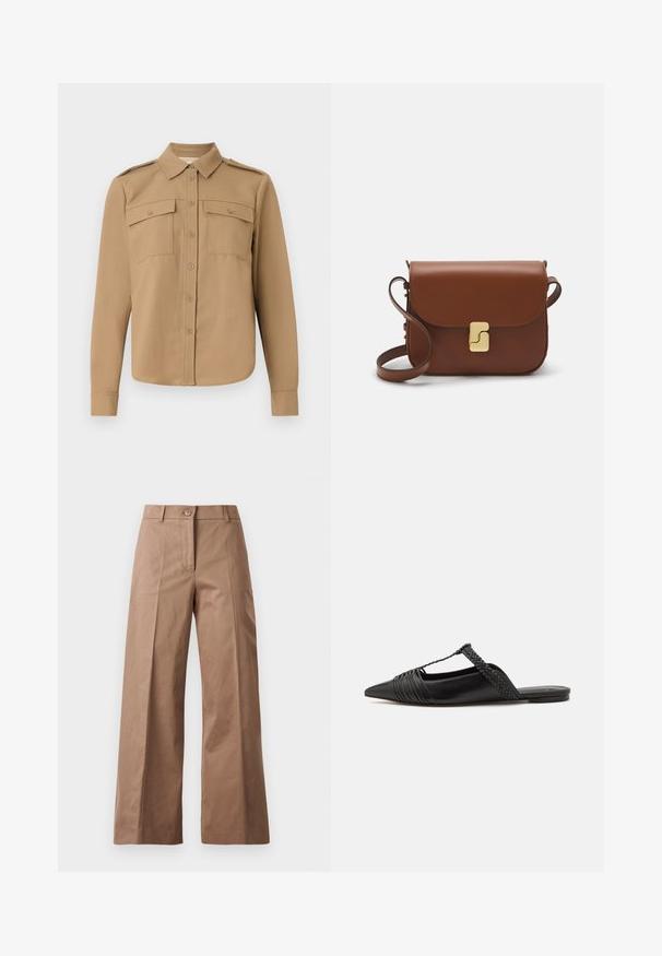 Košulja dugih rukava od tamno smeđeg platna s kopčanjem na dugme, dva džepa na prsima, ramena s epoletama i zakrivljeni rub.; Smeđe hlače širokih nogavica od glatkog materijala, s prednjim zatvaračem na dugme, dvjema prednjim džepovima i čistim, oblikovanim linijama.; Crne kožne cipele s remenom oko pete i šiljastim vrhom, s pletenim naglaskom i nabranim gornjim dijelom. Ravni đon s minimalnim hardverom.; Smeđa kožna torba s preklopom, zlatnim detaljima, remenom za nošenje preko ramena i glatkom teksturom. Kompaktni pravokutni oblik.