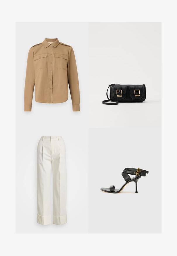 Camicia a maniche lunghe in tessuto beige con abbottonatura frontale, due tasche sul petto, spalline sulle spalle e orlo curvo.; Pantaloni bianchi su misura con vita alta, doppie pieghe frontali e gamba larga con risvolti. Realizzati in un tessuto liscio e strutturato.; Sandal nero con tacco a spillo, straps incrociati e fibbia regolabile. Presenta una texture liscia e un tacco affusolato.; Borsa a tracolla nera in pelle con due tasche frontali, fibbie dorate, chiusura con zip e una tracolla sottile. Superficie texturizzata e forma rettangolare compatta.