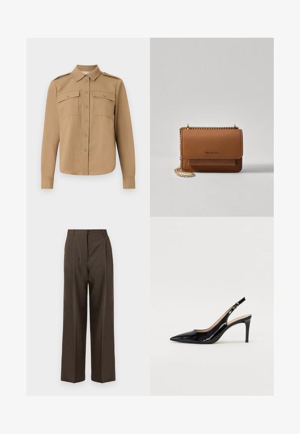 Košulja dugih rukava od tamno smeđeg platna s kopčanjem na dugme, dva džepa na prsima, ramena s epoletama i zakrivljeni rub.; Smeđi široki hlače s glatkom teksturom, s visokim strukom, prednjim nabranima i krojem po mjeri. Nema vidljivih džepova ili ukrasa.; Crne lakirane slingback cipele s oštrim vrhom, uskim potpeticama i suptilnim izrezom. Sadrže zlatnu kopču na traku.; Smeđa kožna torba preko tijela s teksturom, zlatnim lančićem i preklopom na zatvaranju. Na prednjoj strani nalazi se detalj s potpisom i džep ispod preklopa.