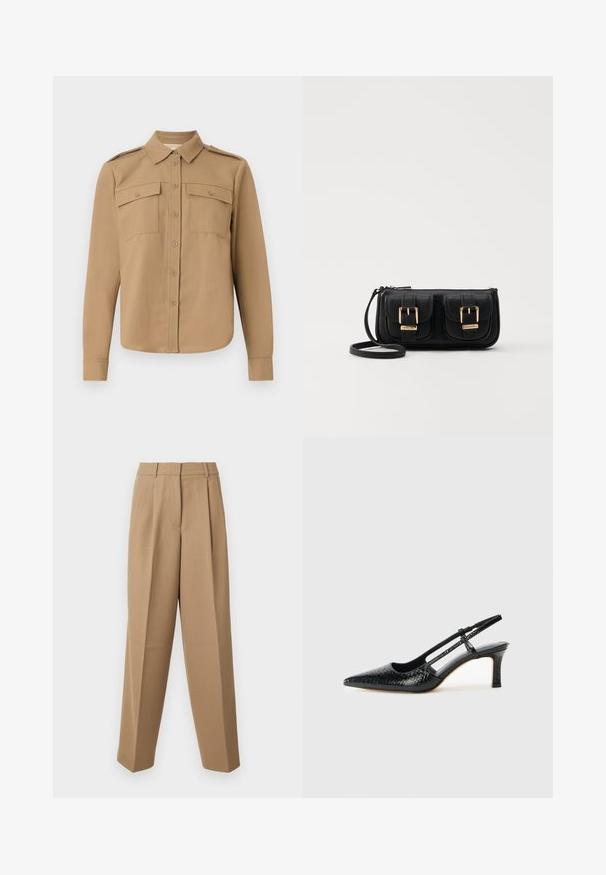 Garās piedurknes krekls gaiši brūnā audumā ar pogām priekšpusē, divām krūšu kabatām, plecu epauletēm un izliekto apakšmalu.; Bēšas stilīgas bikses ar augstu jostasvietu, kroku priekšpusi un platām kājām. Audums izskatās gluds ar vieglu spīdumu.; Melna patent āda ar slīdošo papēdi un smailo purngalu, ar teksturētu čūsku drukājumu, regulējamu siksniņu un īsu teksturētu blokpapēdi.; Melnas ādas crossbody soma ar divām priekšējām kabatām, zelta sprādzēm, ar rāvējslēdzēju aizdari un šauru siksnu. Strukturēta virsma un kompakta taisnstūra forma.