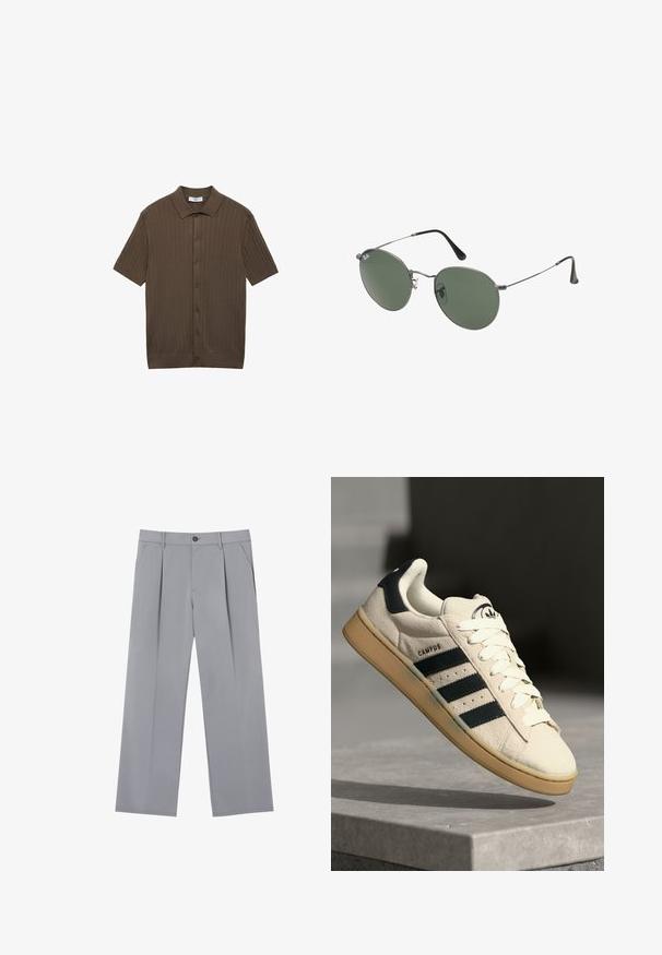 Ruskea lyhythihainen polo-paita, joka on valmistettu ribattu kankaasta. Siinä on kaulus, nappilista edessä ja suora helma, jossa on hienovarainen rakenne.; Valkoinen puuvillainen t-paita, jossa on lyhyet hihat, pyöreä kaula-aukko, rento istuvuus ja ei näkyviä logoja tai kuvioita. Sileä pinta ja minimaalinen muotoilu.; Harmaat taitetut housut rentoa istuvuutta, valmistettu kevyestä kankaasta. Ominaisuuksiin kuuluvat etutaskut ja nappikiinnitys vyötäröllä.; Beige mokkanahka lenkkarit, joissa on kolme tummansinistä raitaa, valkoiset nauhat ja vaaleanruskea kumipohja. Kengissä on logo kielessä ja "CAMPUS"-teksti.; Aurinkolasit metallikehyksillä, joissa on soikeat vihreät linssit. Ohut hopeinen metallikehys ja mustat korvapehmusteet. Minimalistinen muotoilu, ei näkyviä logoja.