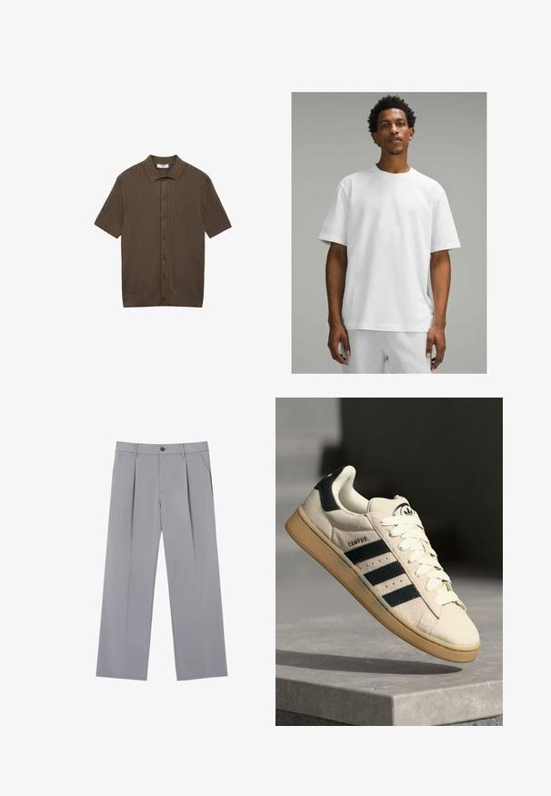 Ruskea lyhythihainen polo-paita, joka on valmistettu ribattu kankaasta. Siinä on kaulus, nappilista edessä ja suora helma, jossa on hienovarainen rakenne.; Valkoinen puuvillapaita, jossa on lyhyet hihat, pyöreä kaula-aukko ja väljä malli. Suuri pinta, yksinkertainen muotoilu, ei näkyviä kuvioita tai yksityiskohtia.; Harmaat taitetut housut rentoa istuvuutta, valmistettu kevyestä kankaasta. Ominaisuuksiin kuuluvat etutaskut ja nappikiinnitys vyötäröllä.; Beige mokkanahka lenkkarit, joissa on kolme tummansinistä raitaa, valkoiset nauhat ja vaaleanruskea kumipohja. Kengissä on logo kielessä ja "CAMPUS"-teksti.