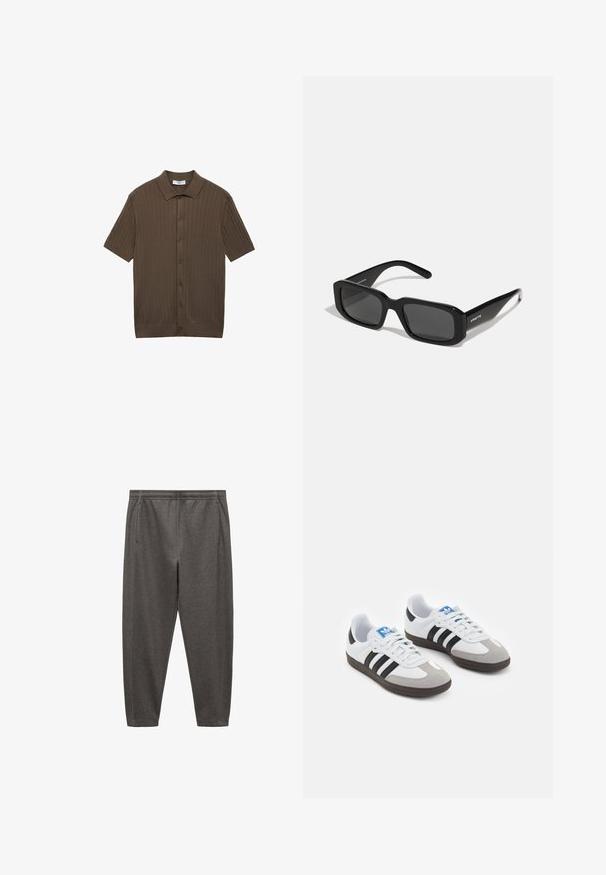 Bruine polo met korte mouwen, gemaakt van ribbelstof, met een kraag, knoopsluiting aan de voorkant en een rechte zoom met subtiele textuur.; Grijze joggings met een zachte stof, voorzien van een elastische tailleband, zijzakken en een taps toelopend ontwerp.; Sportschoenen met een witte leren bovenkant, grijze suède neus en drie zwarte strepen. Bevat een blauw logo op de tong en een gestructureerde rubberen zool.; Arnette THEKIDD UNISEX - Zonnebril - black