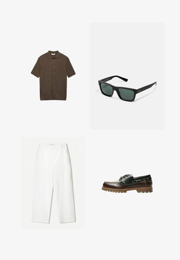 Bruine polo met korte mouwen, gemaakt van ribbelstof, met een kraag, knoopsluiting aan de voorkant en een rechte zoom met subtiele textuur.; Rechtdoorlopende broek gemaakt van textuurwit stof. Kenmerken zijn een tailleband, twee zijzakken en een losse pasvorm.; Bruine en groene leren bootschoen met een witte gestikte design, ronde veters en een gestructureerde rubberen zool. Duurzame constructie met metalen veteroogjes.; Zwarte rechthoekige zonnebril met groene lenzen, voorzien van een matte afwerking, rechte pootjes en het Ray-Ban-logo aan de zijkant.