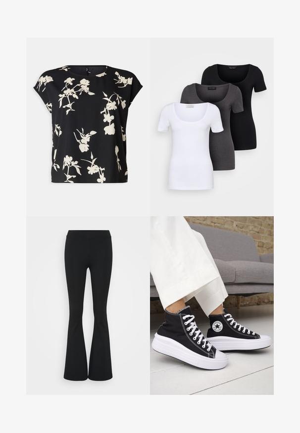 Vero Moda Curve VMNEWHALLIE NEW - T-shirt con stampa - black/paya; Tre T-shirt aderenti in bianco, grigio e nero. Ognuna presenta un ampio scollo a barca e maniche corte. Realizzate in un tessuto morbido e elastico.; Pantaloni neri a zampa d'elefante realizzati in tessuto elasticizzato, con una vita alta e una superficie liscia. I pantaloni si allargano a partire dal ginocchio.; Sneakers nere alte con suole e lacci in gomma bianca. Presentano una toppa con logo rotondo e cuciture a contrasto bianche. Materiale in tela.