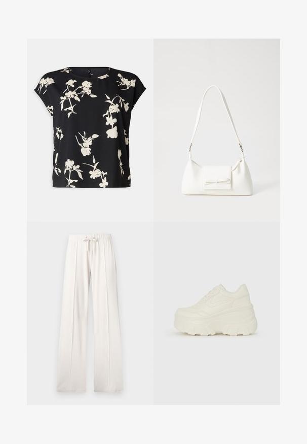 Vero Moda Curve VMNEWHALLIE NEW - Nyomott mintás póló - black/paya; Világos bézs színű, puha anyagból készült melegítőnadrág, állítható derékkal, széles lábakkal és függőleges varratokkal, sima felülettel.; Fehér platform sportcipők, sima bőrszerű felsőrésszel, kerek formával, párnázott bokával és texturált gumitalppal, jól definiált mintázattal.; Fehér szintetikus kézitáska, háromszög alakú, lapos előlap, masni részlettel, állítható pánttal, sima textúrával és minimalista dizájnnal.