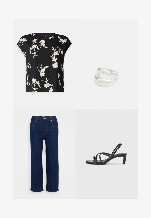 Vero Moda Curve VMNEWHALLIE NEW - Majica kratkih rukava s printom - black/paya; Tamno plave traperice ravnog kroja s kopčanjem na gumbe, prednjim i stražnjim džepovima te vidljivim narančastim šavovima duž šavova.; Crne sandale s trakama, kvadratnim prstom i niskom blok petom. Ima više tankih trakica i podesivu trakicu oko gležnja. Izrađene su od glatke kože.; Srebrna dvostruka prsten s glatkom, poliranom površinom. Karakterizira ga fluidan, zakrivljen dizajn s preklapajućim sekcijama za moderan izgled.