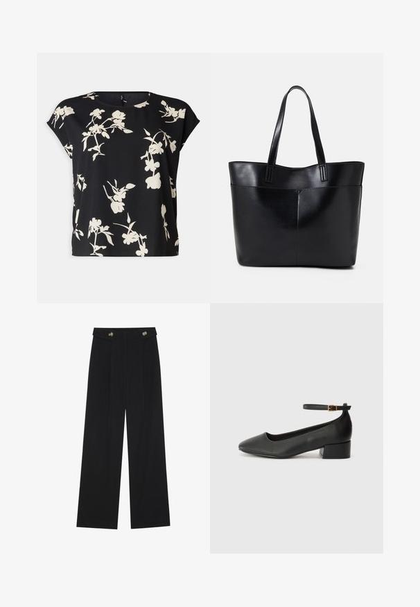 Vero Moda Curve VMNEWHALLIE NEW - T-shirt imprimé - black/paya; Pantalons larges noirs à taille haute, avec des détails de boutons à la taille et des plis sur le devant.; Escarpin en cuir noir avec un bout pointu et un petit talon bloc. Doté d'une bride de cheville avec une boucle dorée. Texture lisse.; Sac fourre-tout en cuir noir avec deux longues poignées, une texture lisse et une forme structurée. Dispose d'une poche avant pour un rangement supplémentaire.