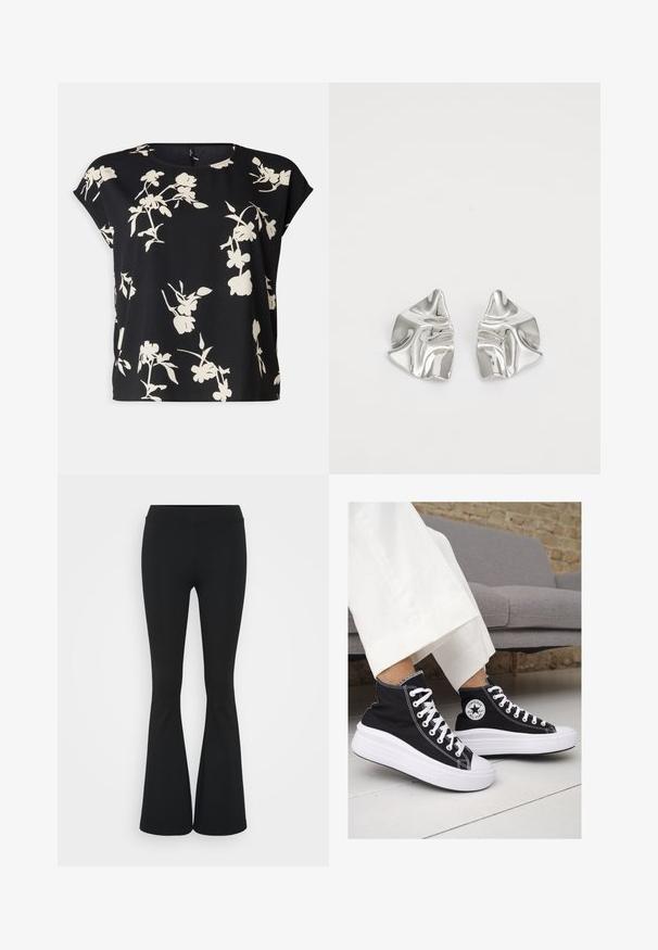 Vero Moda Curve VMNEWHALLIE NEW - Camiseta estampada - black/paya; Pantalones negros de campana hechos de una tela elástica, con una cintura alta y una textura suave. Los pantalones se ensanchan desde la rodilla.; Zapatillas altas de lona negra con suelas y cordones de goma blanca. Presentan un logo circular en el lateral y costuras blancas en contraste.; Pendientes de metal plateado con un diseño ondulado y escultórico, que presentan un acabado pulido y formas irregulares, destacando una estética contemporánea.