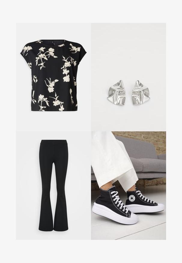 Vero Moda Curve VMNEWHALLIE NEW - Print T-shirt - black/paya; Black flared pants made of stretchy fabric, featuring a high waistband and a smooth texture. The pants flare out from the knee.; Converse CHUCK TAYLOR ALL STAR MOVE - High-top trainers - black/natural ivory/white; Silver metal earrings with a wavy, sculptural design featuring a polished finish and irregular shapes, highlighting a contemporary aesthetic.