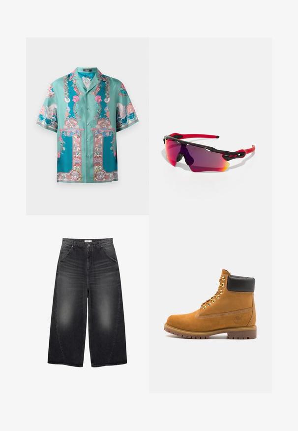 Türkises Kurzarmhemd mit komplizierten mehrfarbigen maritimen Drucken, seidig glatter Textur und Knopfleiste.; PULL&BEAR MEGA BAGGY - Baggy Jeans - black; Beige Wildleder-Ankle-Boot mit schwarzem gepolstertem Kragen, goldenen Metallösen, weißen Nähdetalben und einer robusten Gummisohle mit ausgeprägtem Profil.; Oakley RADAR PATH UNISEX - Sonnenbrille - 100t matte black