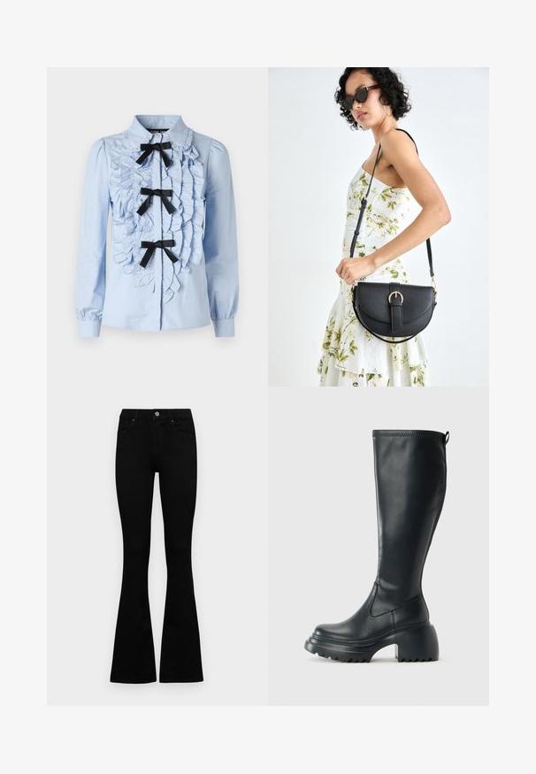 Himmelblaues Langarmhemd mit Rüschendetail an der Vorderseite, drei schwarzen Bandakzenten und einem klassischen Kragen. Glattes Baumwollmaterial.; Schwarze hochtaillierte Jeans mit einem Knopf- und Reißverschluss, Fronttaschen und ausgestellten Beinen, flach auf einem weißen Hintergrund ausgelegt.; Hoher schwarzer Lederstiefel mit einer robusten Plateausohle und Blockabsatz, der über eine Zuglasche und ein strukturiertes Profil an der Außensohle verfügt.; Schwarze Lederhandtasche mit geschwungener Form, abnehmbarem Tragegurt und goldenen Beschlägen. Die Tasche verfügt über einen Deckel mit einer Schnallen-Details.