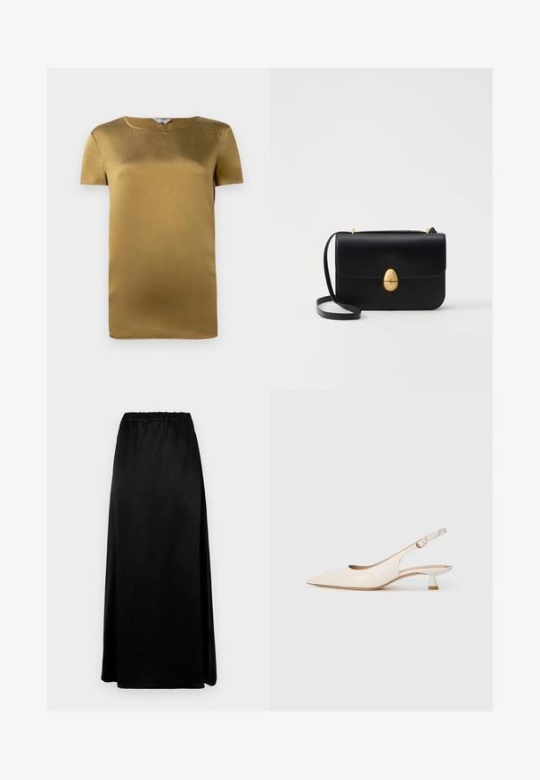 Krátky rukáv top v olivovozelenej saténovej farbe, s okrúhlym výstrihom a hladkou textúrou. Jednoduchý dizajn so strihom bez ozdôb.; Dlhá čierna sukňa s hladkou, pokrčenou textúrou a elastickým pásom. Obsahuje bočný rozparok pre ľahké pohybovanie a elegantný siluetu.; Krémová lodička s špicatou špičkou a nízkým jemným podpätkom so zlatou sponou na jednoduchom bielom pozadí.; Čierna kožená kabelka so štruktúrovaným obdĺžnikovým tvarom. Obsahuje zlaté oválne zapínanie a tenký ramenný popruh. Hladká textura.